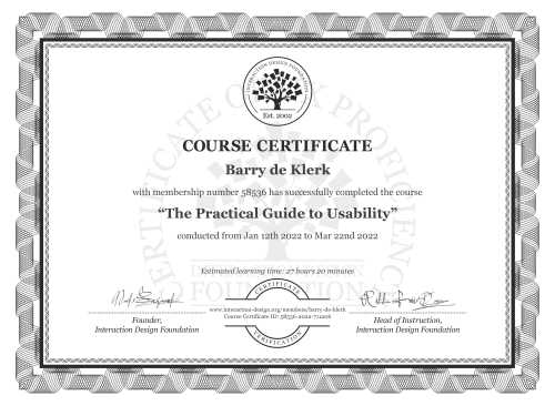 Barry de Klerk’s Course Certificate: The Practical Guide to Usability