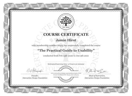 Jamie Hirst’s Course Certificate: The Practical Guide to Usability