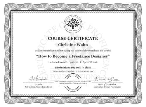 Christine Wahn’s Course Certificate: How to Become a Freelance Designer