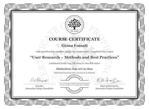 Giona Fossati’s Course Certificate: User Research – Methods and Best Practices