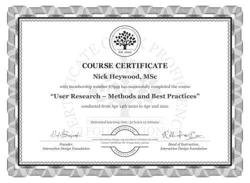 Nick Heywood, MSc’s Course Certificate: User Research – Methods and Best Practices