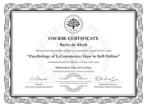 Barry de Klerk’s Course Certificate: Psychology of E-Commerce: How to Sell Online