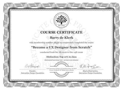 Barry de Klerk’s Course Certificate: Become a UX Designer from Scratch