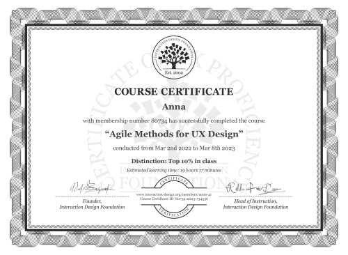 Anna’s Course Certificate: Agile Methods for UX Design