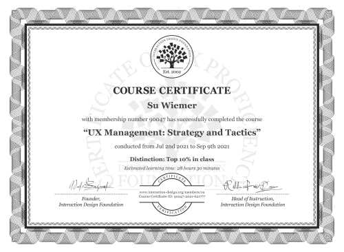 Su Wiemer’s Course Certificate: UX Management: Strategy and Tactics