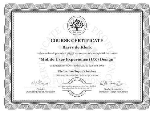 Barry de Klerk’s Course Certificate: Mobile User Experience (UX) Design