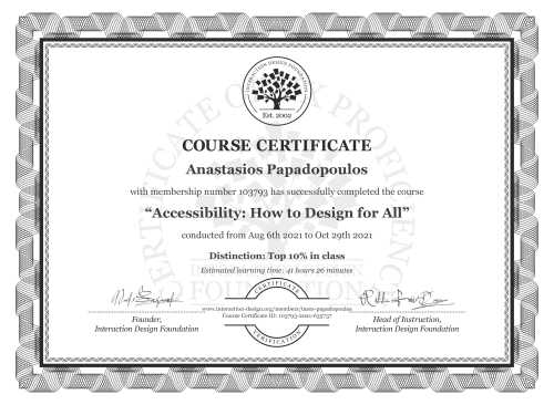 Anastasios Papadopoulos’s Course Certificate: Accessibility: How to Design for All