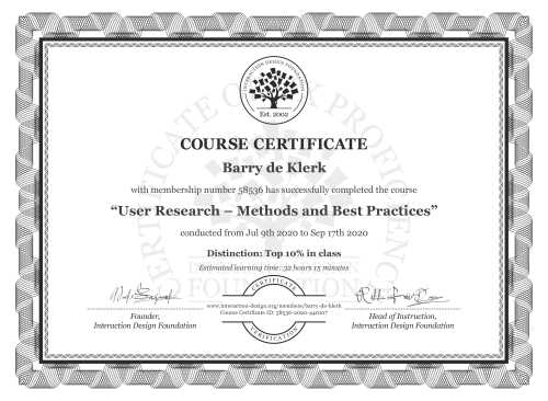 Barry de Klerk’s Course Certificate: User Research – Methods and Best Practices