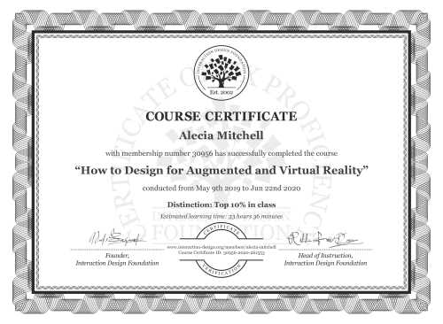 Alecia Mitchell’s Course Certificate: How to Design for Augmented and Virtual Reality