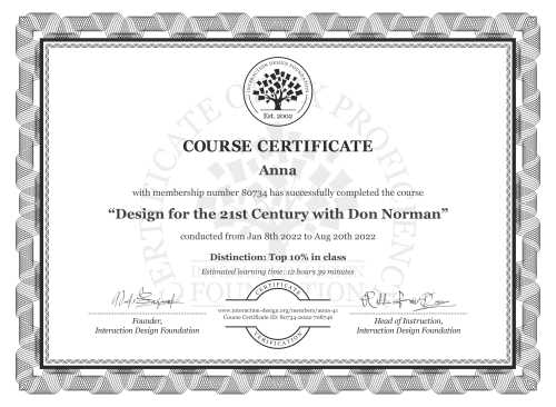 Anna’s Course Certificate: Design for the 21st Century with Don Norman
