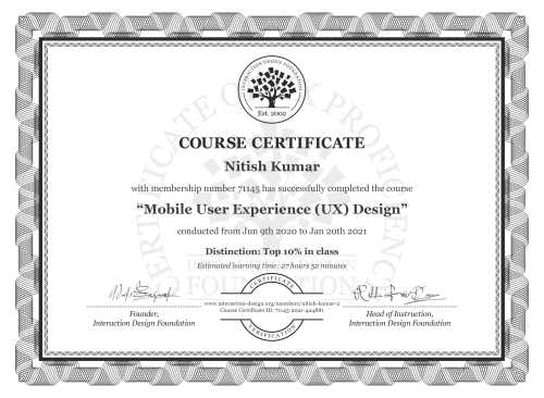 Nitish Kumar’s Course Certificate: Mobile User Experience (UX) Design