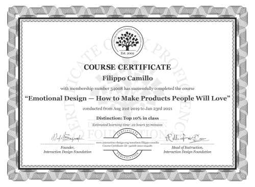 Filippo Camillo’s Course Certificate: Emotional Design — How to Make Products People Will Love