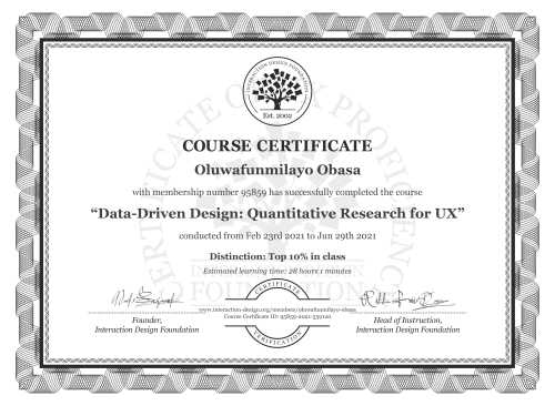 Oluwafunmilayo Obasa’s Course Certificate: Data-Driven Design: Quantitative Research for UX