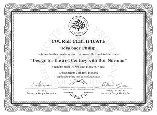 Ieka Sade Phillip’s Course Certificate: Design for the 21st Century with Don Norman