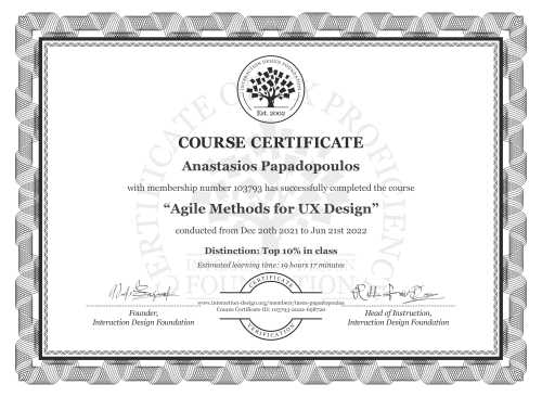 Anastasios Papadopoulos’s Course Certificate: Agile Methods for UX Design