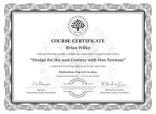 Brian Wilke’s Course Certificate: Design for the 21st Century with Don Norman