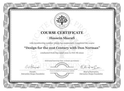 Hossein Sharafi’s Course Certificate: Design for the 21st Century with Don Norman