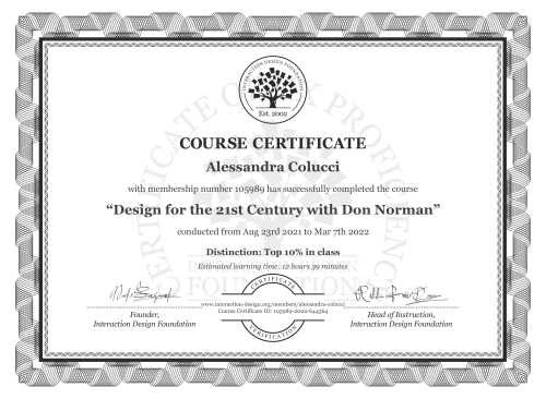 Alessandra Colucci’s Course Certificate: Design for the 21st Century with Don Norman