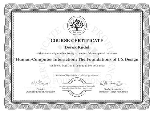Derek Rudel’s Course Certificate: Human-Computer Interaction: The Foundations of UX Design