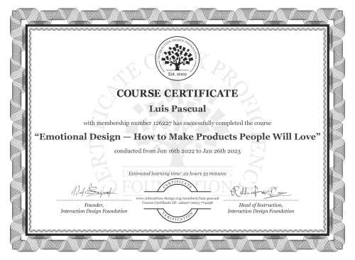 Luis Pascual’s Course Certificate: Emotional Design — How to Make Products People Will Love