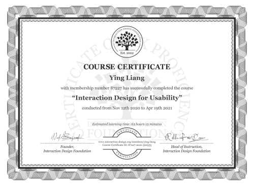 Ying Liang’s Course Certificate: Interaction Design for Usability