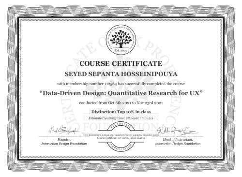 SEYED SEPANTA HOSSEINIPOUYA’s Course Certificate: Data-Driven Design: Quantitative Research for UX