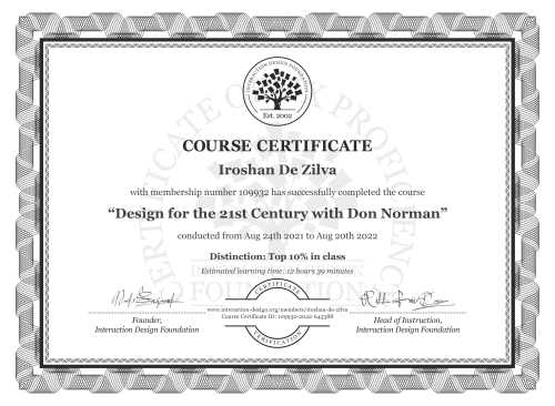 Iroshan De Zilva’s Course Certificate: Design for the 21st Century with Don Norman