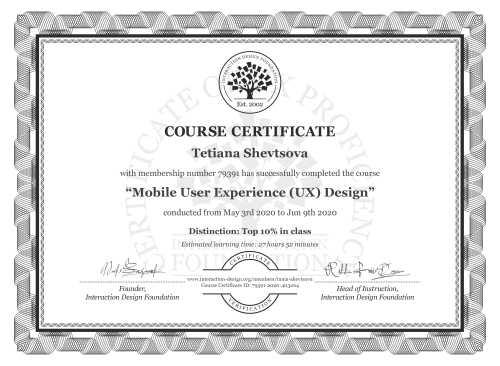 Tetiana Shevtsova’s Course Certificate: Mobile User Experience (UX) Design