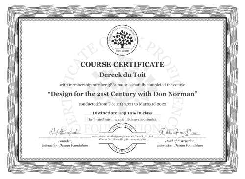 Dereck du Toit’s Course Certificate: Design for the 21st Century with Don Norman