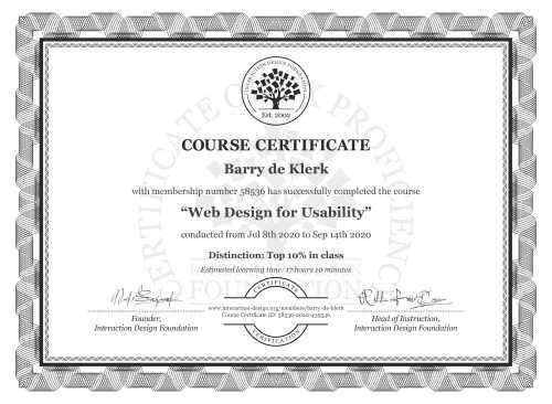 Barry de Klerk’s Course Certificate: Web Design for Usability