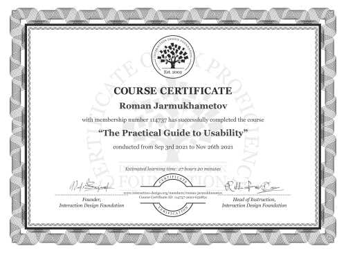 Roman Jarmukhametov’s Course Certificate: The Practical Guide to Usability