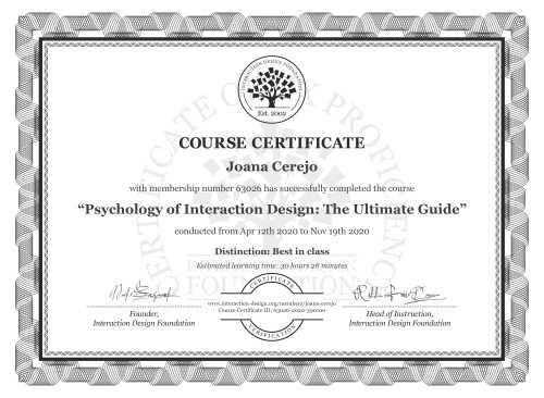 Joana Cerejo’s Course Certificate: Psychology of Interaction Design: The Ultimate Guide