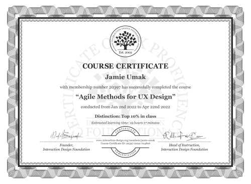 Jamie Umak’s Course Certificate: Agile Methods for UX Design
