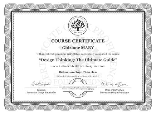 Ghizlane MARY’s Course Certificate: Design Thinking: The Ultimate Guide