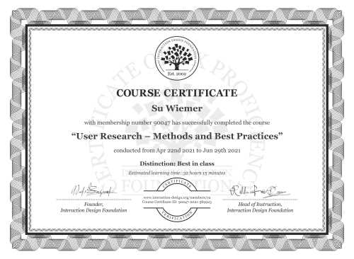 Su Wiemer’s Course Certificate: User Research – Methods and Best Practices