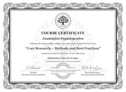 Anastasios Papadopoulos’s Course Certificate: User Research – Methods and Best Practices
