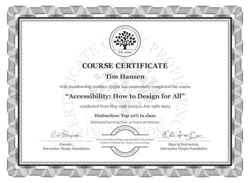 Tim Hansen’s Course Certificate: Accessibility: How to Design for All