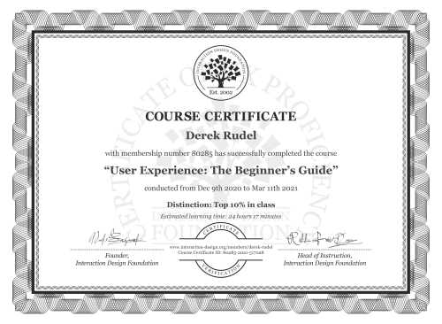 Derek Rudel’s Course Certificate: User Experience: The Beginner’s Guide