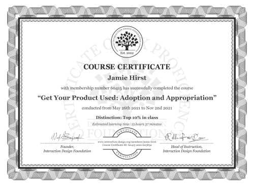 Jamie Hirst’s Course Certificate: Get Your Product Used: Adoption and Appropriation