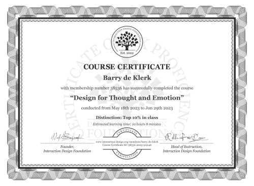 Barry de Klerk’s Course Certificate: Design for Thought and Emotion
