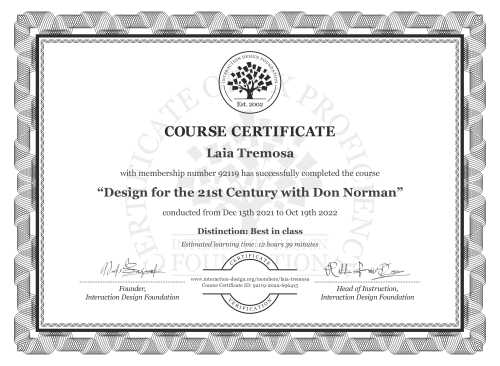 Laia Tremosa’s Course Certificate: Design for the 21st Century with Don Norman