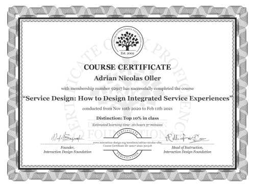 Adrián Nicolás Oller’s Course Certificate: Service Design: How to Design Integrated Service Experiences