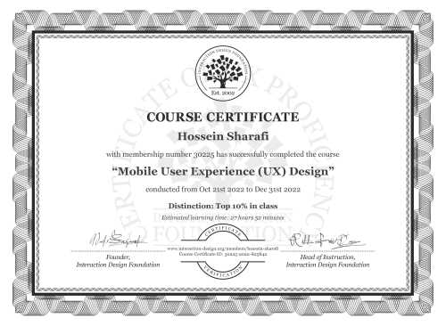 Hossein Sharafi’s Course Certificate: Mobile User Experience (UX) Design