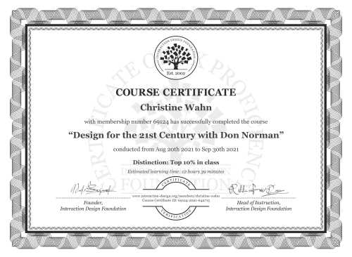 Christine Wahn’s Course Certificate: Design for the 21st Century with Don Norman