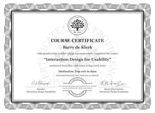 Barry de Klerk’s Course Certificate: Interaction Design for Usability