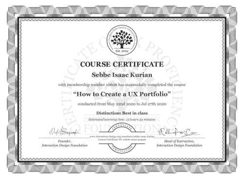 Sebbe Isaac Kurian’s Course Certificate: How to Create a UX Portfolio