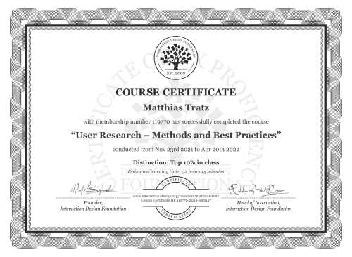 Matthias Tratz’s Course Certificate: User Research – Methods and Best Practices
