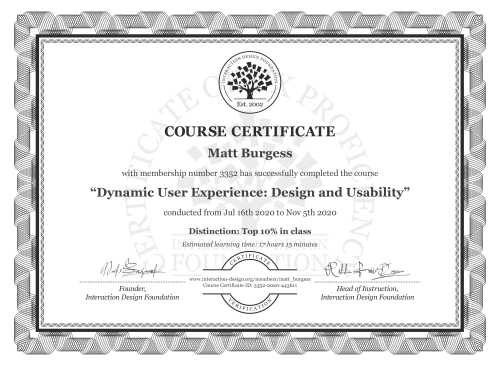 Matt Burgess’s Course Certificate: Dynamic User Experience: Design and Usability
