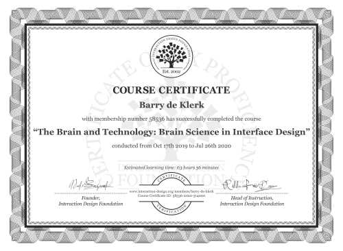 Barry de Klerk’s Course Certificate: The Brain and Technology: Brain Science in Interface Design