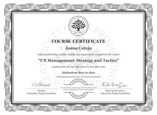 Joana Cerejo’s Course Certificate: UX Management: Strategy and Tactics